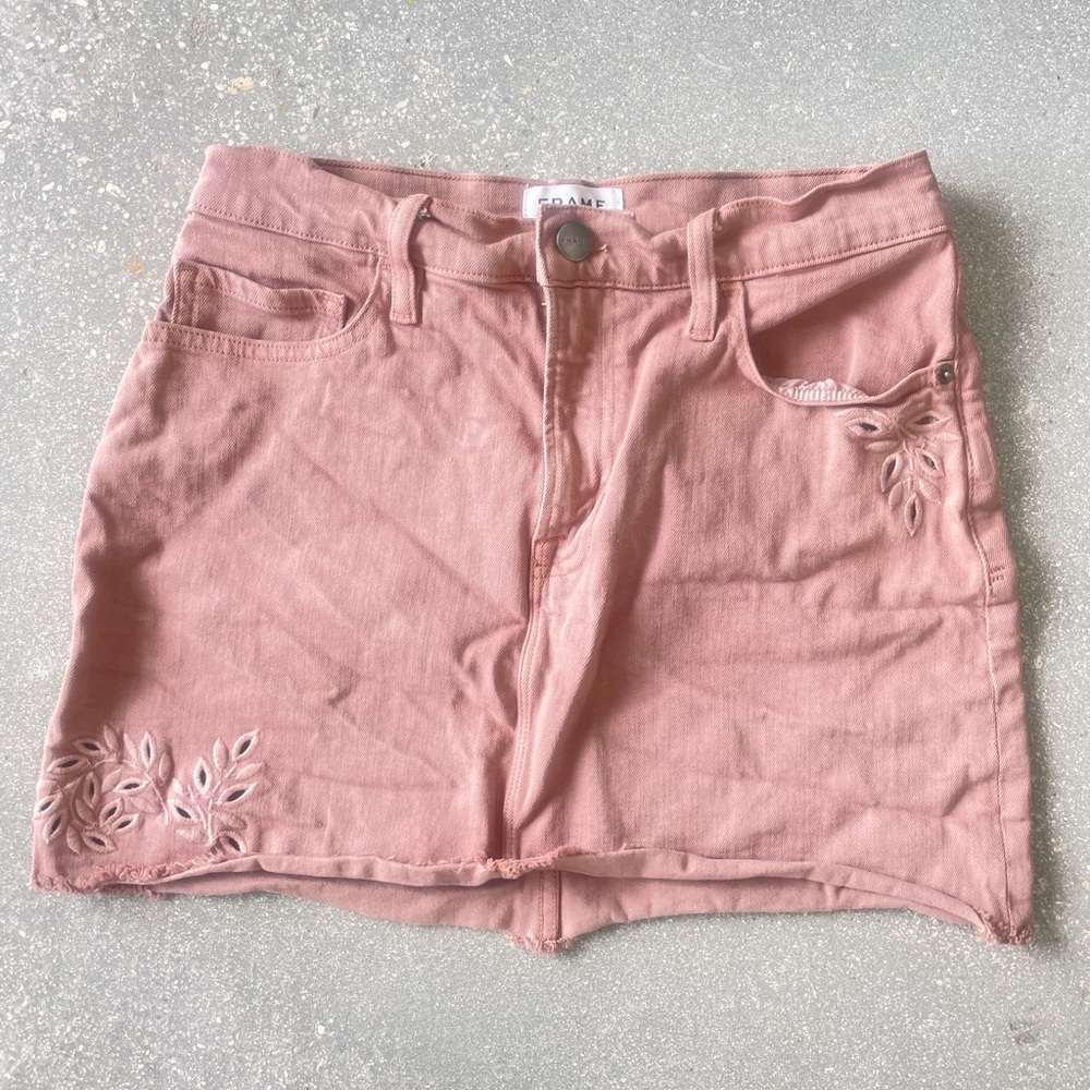 Frame Pink Denim Mini Skirt With Cutouts